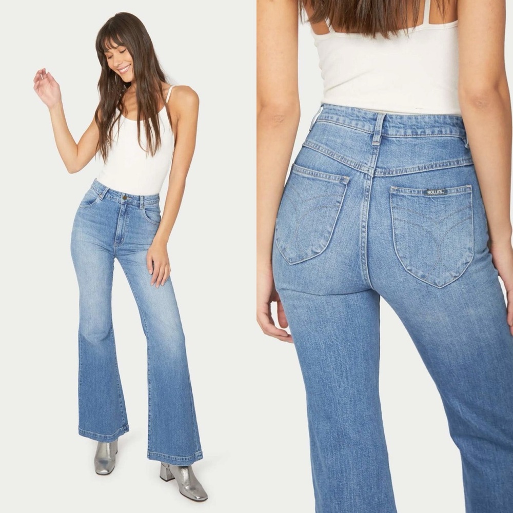 ROLLAS Eastcoast Flare High Rise Flare Jeans In Karen Blue Medium Wash